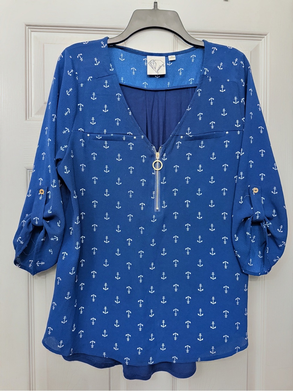 JanetChung, Navy Anchor Print V-Neck Zip Front Top
